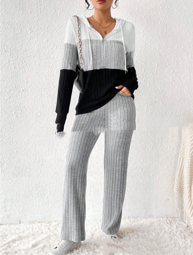 Contrast Color Hooded Zipper Long Sleeve Trousers Suit Knitted