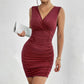 European And American Solid Color Pleated Side Tight Dress V-neck