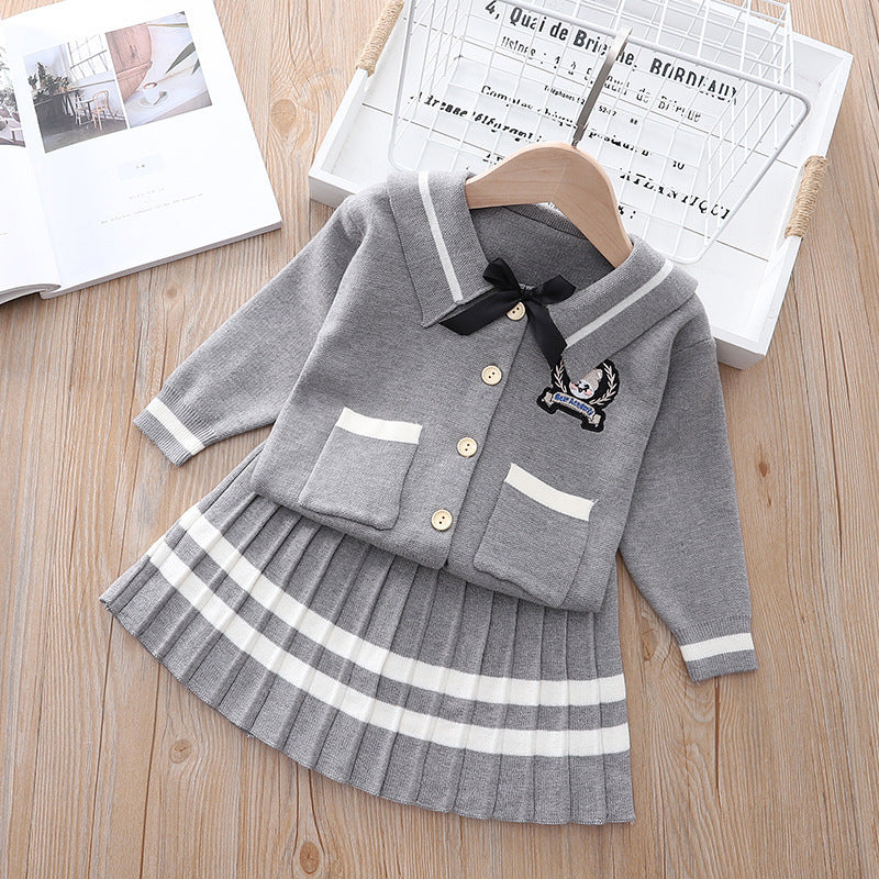 Embroidered Long Sleeve Cardigan Pleated Skirt Two Piece Set