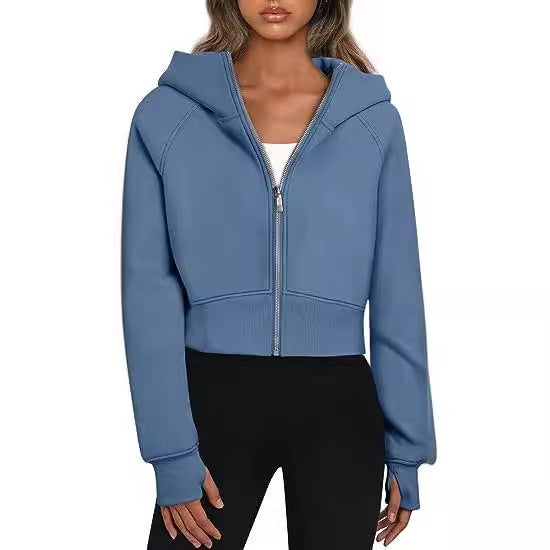 Sweat-shirt à capuche zippé décontracté en polaire, cardigan de sport tendance, hauts courts, vêtements pour femmes