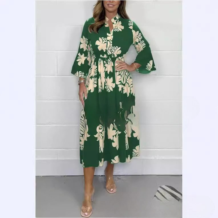 Elegant Printed Stand-up Collar Cinched Long Sleeve Dress