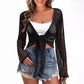Beach Cover-up Hollow Out Long Sleeve Lace-up Sweater Top For Women