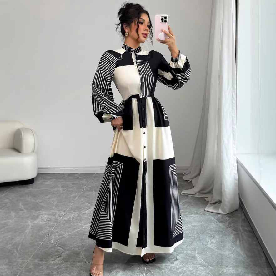 Printed Pleated Stylish Lace-up Casual Plus-size African Dress