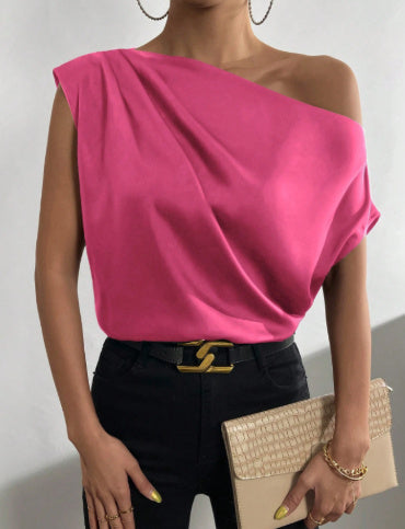 Women's Fashion Diagonal Collar Pinch Pleated Asymmetric Vest