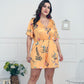Women's Deep V Print Short Sleeve Waist Casual Siamese Shorts
