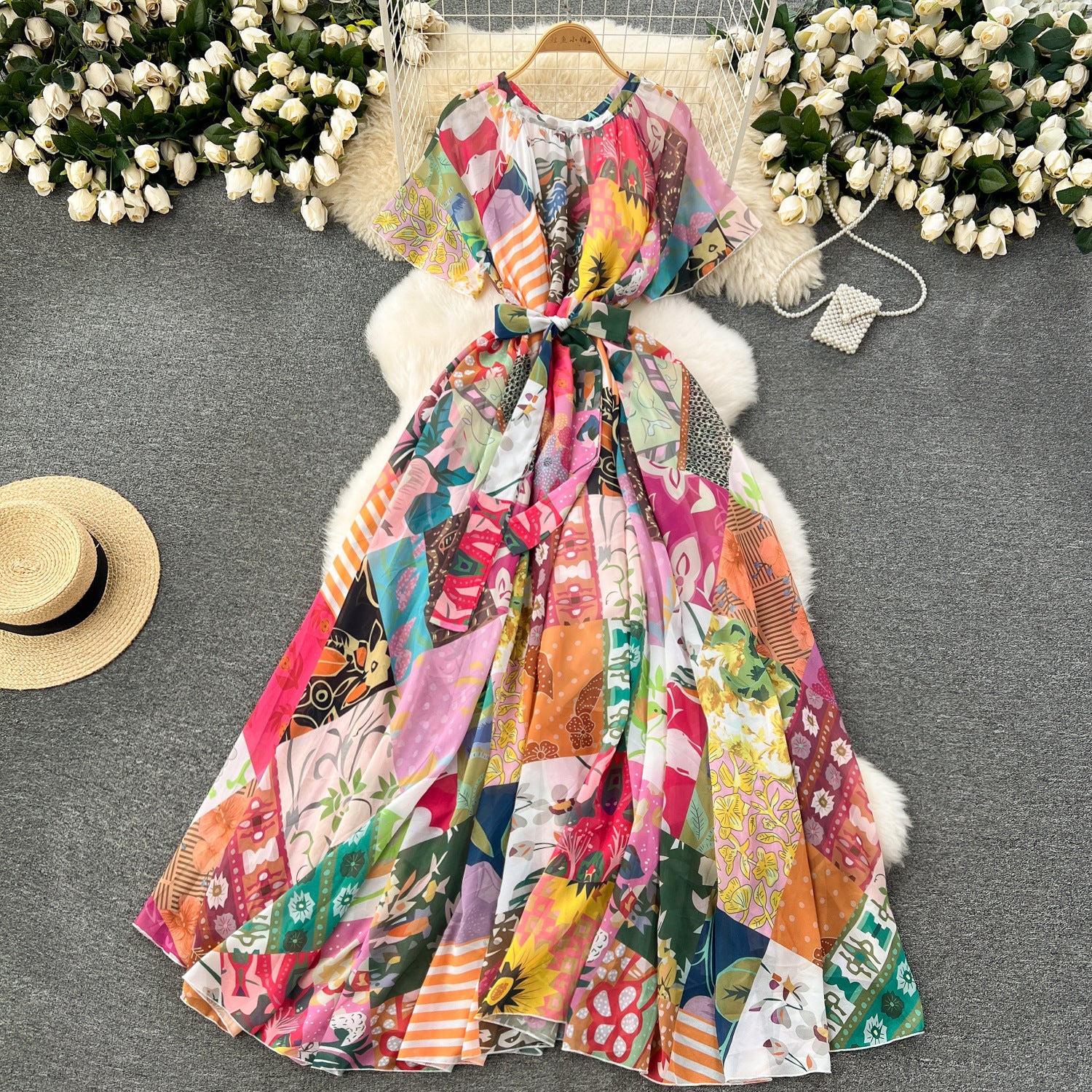 Printed Lace Up Waist-tight Dress