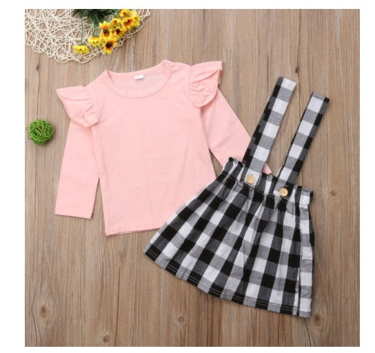 Nouveaux vêtements pour enfants à la mode du commerce extérieur européen et américain, t-shirt à manches longues de couleur unie, robe à bretelles deux pièces