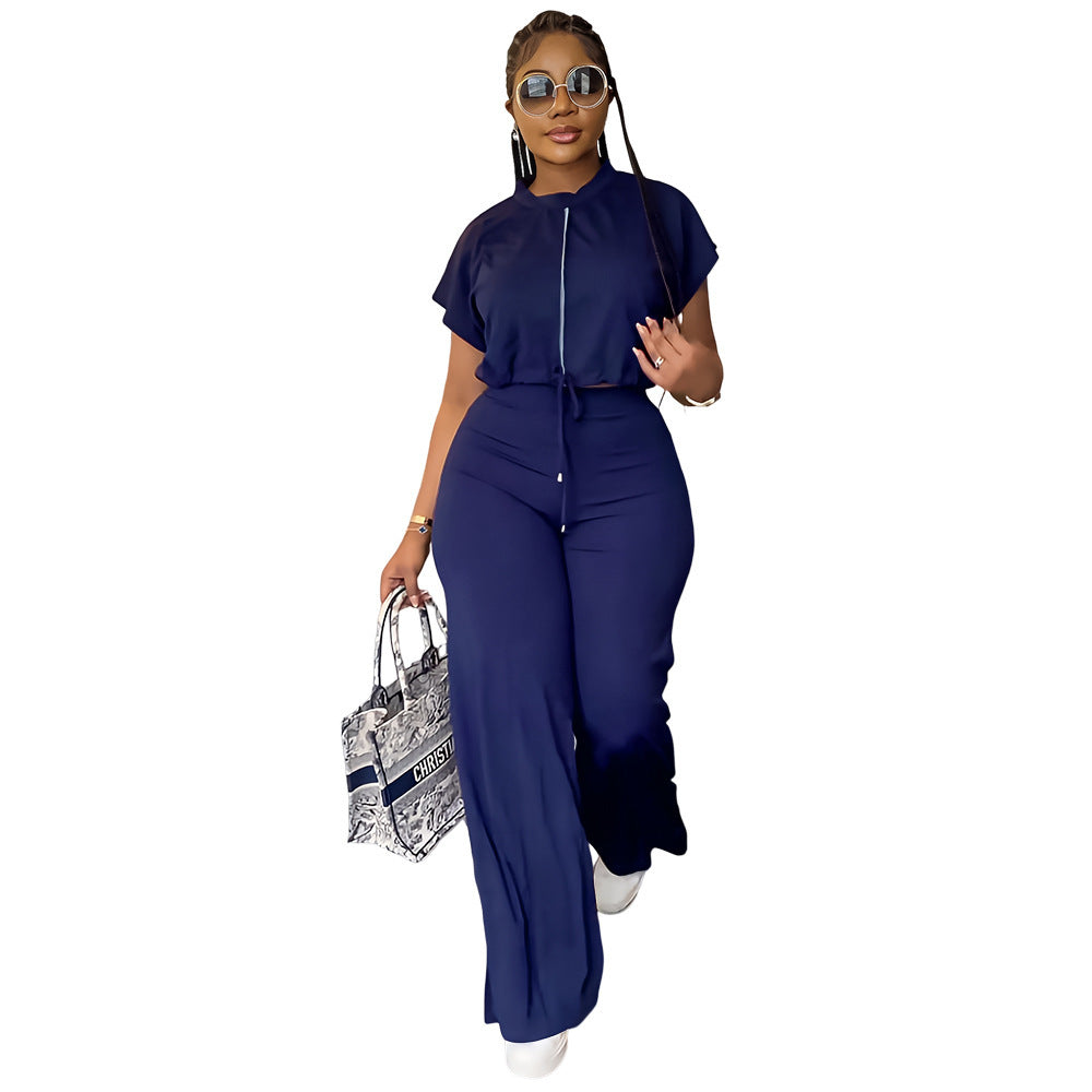 Drawstring Short Top High Waist Slit Women's Suit