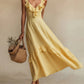 Elegant And Chic Cotton-Linen Dress With Ruffled Flutter Sleeves And A Flowing Hem
