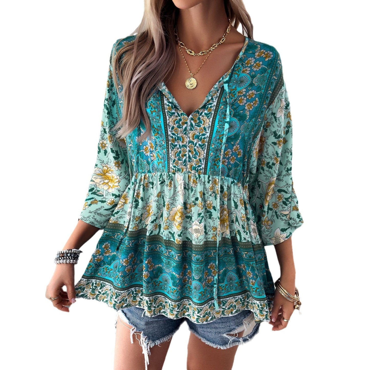 Women's Fashion Casual Temperament Printed V-neck Top