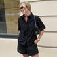 Hollow Short Sleeve Lapel Shirt Women's Shorts