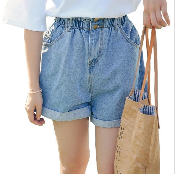 Calyx elastic waist denim shorts female summer high waist was thin student wide leg pants