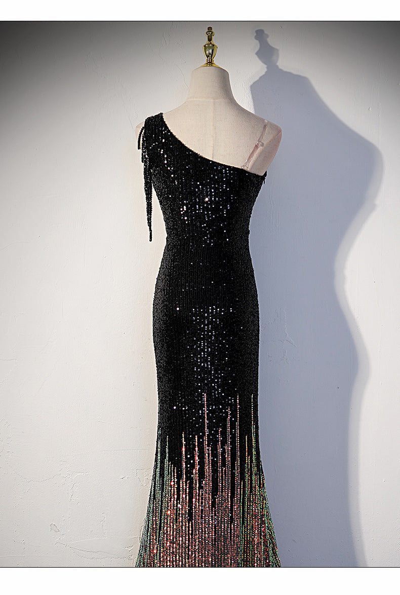 Robe femme noble tempérament design sens gland paillettes longue fendue queue de poisson jupe banquet