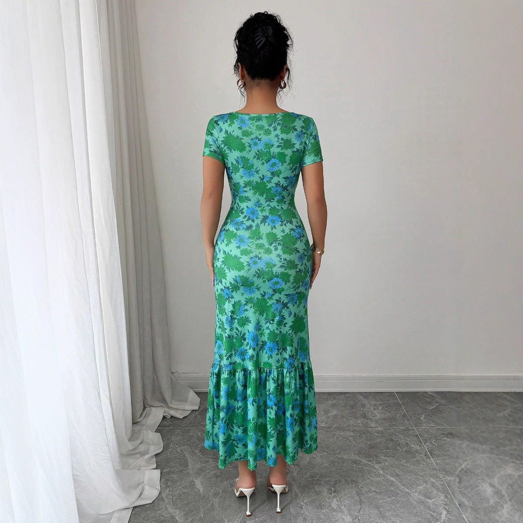 French-Elegant Floral Print Ruffle Hem Body-Slimming Dress