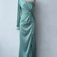 Diagonal Collar Raglan Sleeve Pleated Waist Tight Split Long Dress