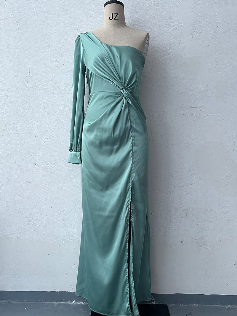 Diagonal Collar Raglan Sleeve Pleated Waist Tight Split Long Dress