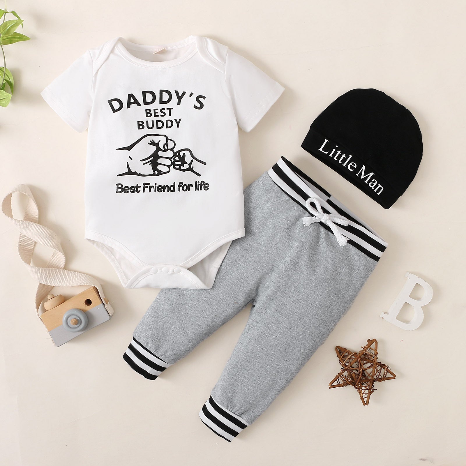 Monogram Print Short Sleeve Top Solid Color Trousers 3 Piece Suit