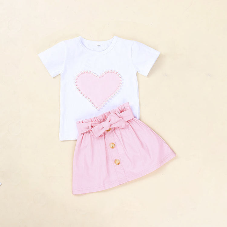 Ensemble jupe et nœud pour bébé fille, vêtements d'été européens et américains, nouvelle collection Pearl Love, blanc, manches courtes