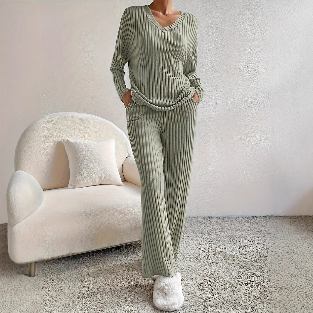 Straight-leg Pants With A Loose And Elegant V-neck Ribbed Two-piece Set