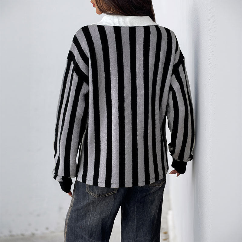 Autumn And Winter Unisex Style Vertical Stripes Lapel Knitted Pullover Sweater Women