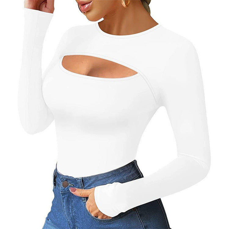 Womens Hollow-out Long-sleeve Top With A Chest-enhancing Design And Matching Jumpsuit