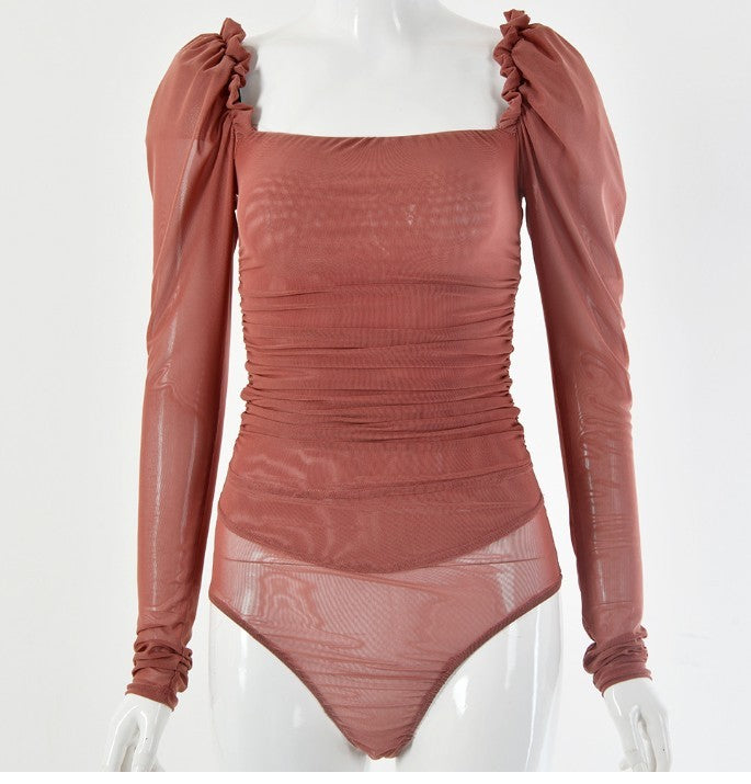 Long-sleeved U-neck mesh bottoming top jumpsuit