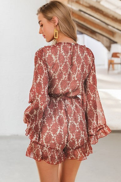 New style holiday one-piece Ruffle Print Long Sleeve V-neck Jumpsuit