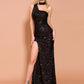 Split sequined banquet dress