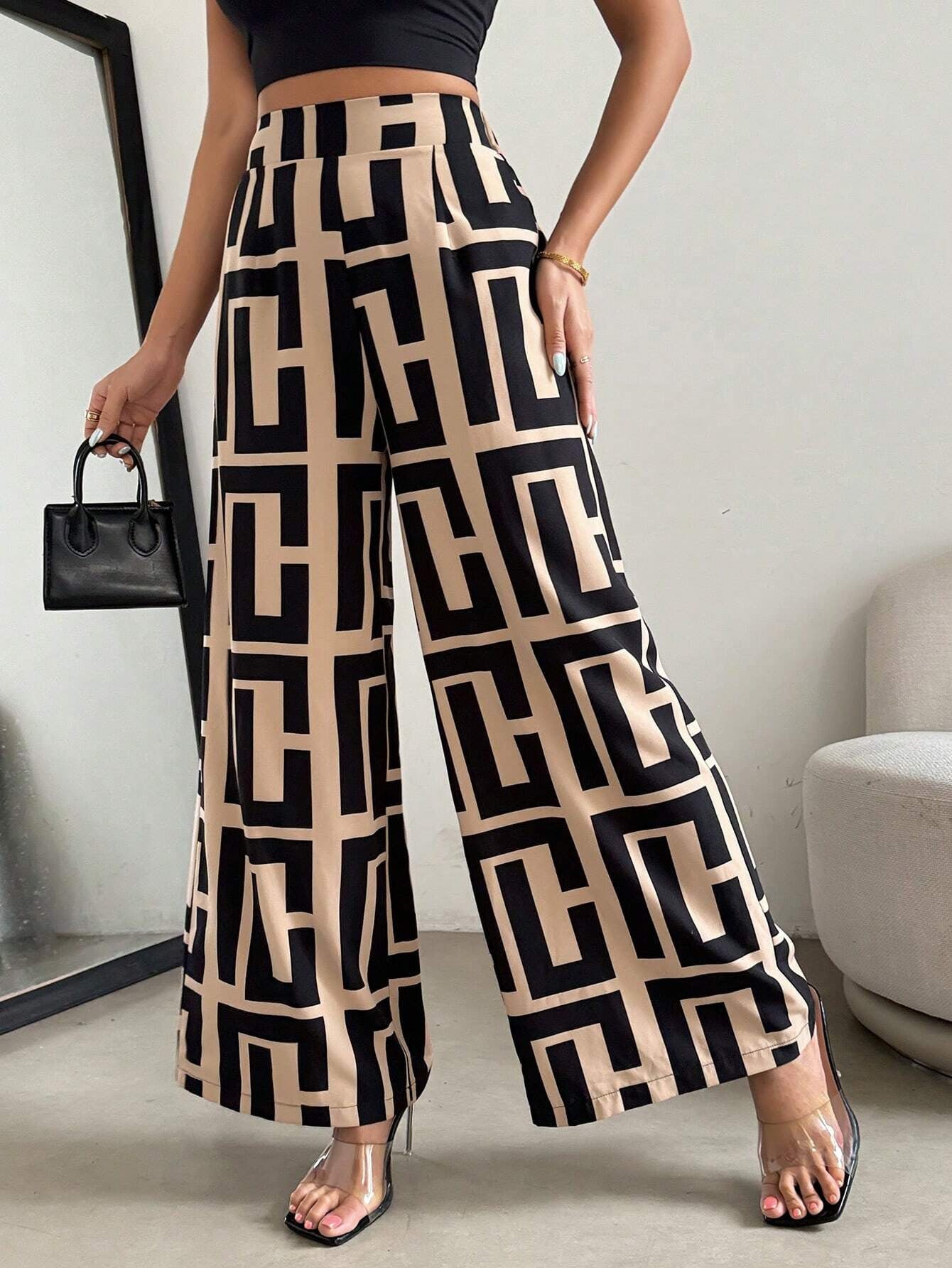 Irregular Copywriting Loose High Waist Wide Leg Casual Trousers