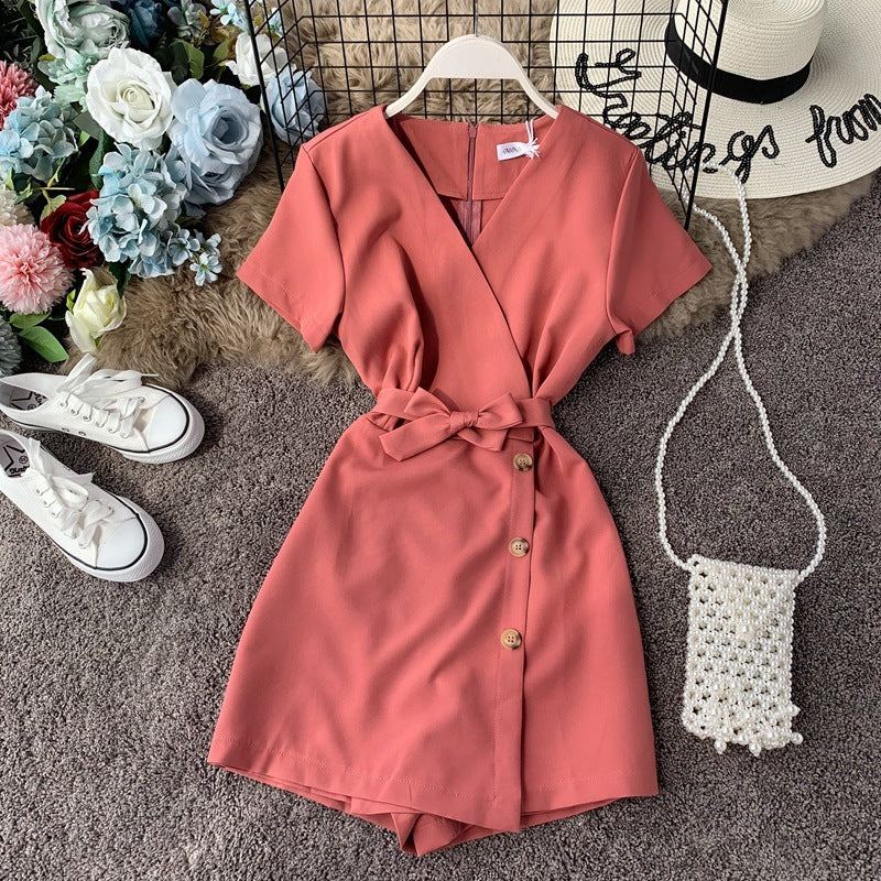 Summer seaside vacation V-neck short-sleeved jumpsuit