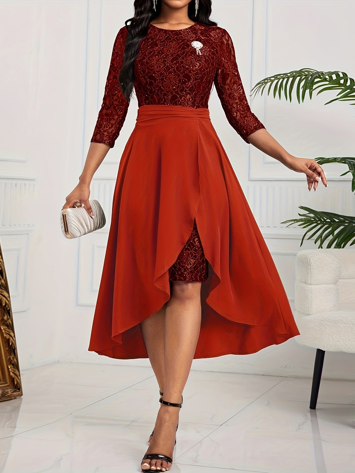 Women's Solid Color Lace Stitching Casual Dress
