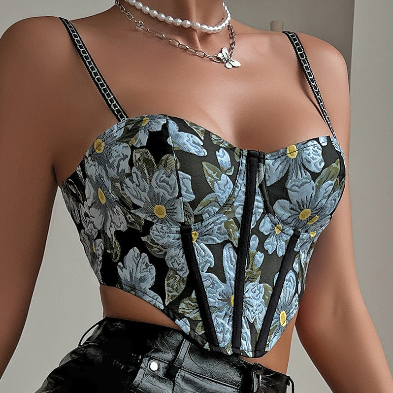 European And American Flowers Printed Knotted Short Navel Steel Ring Camisole