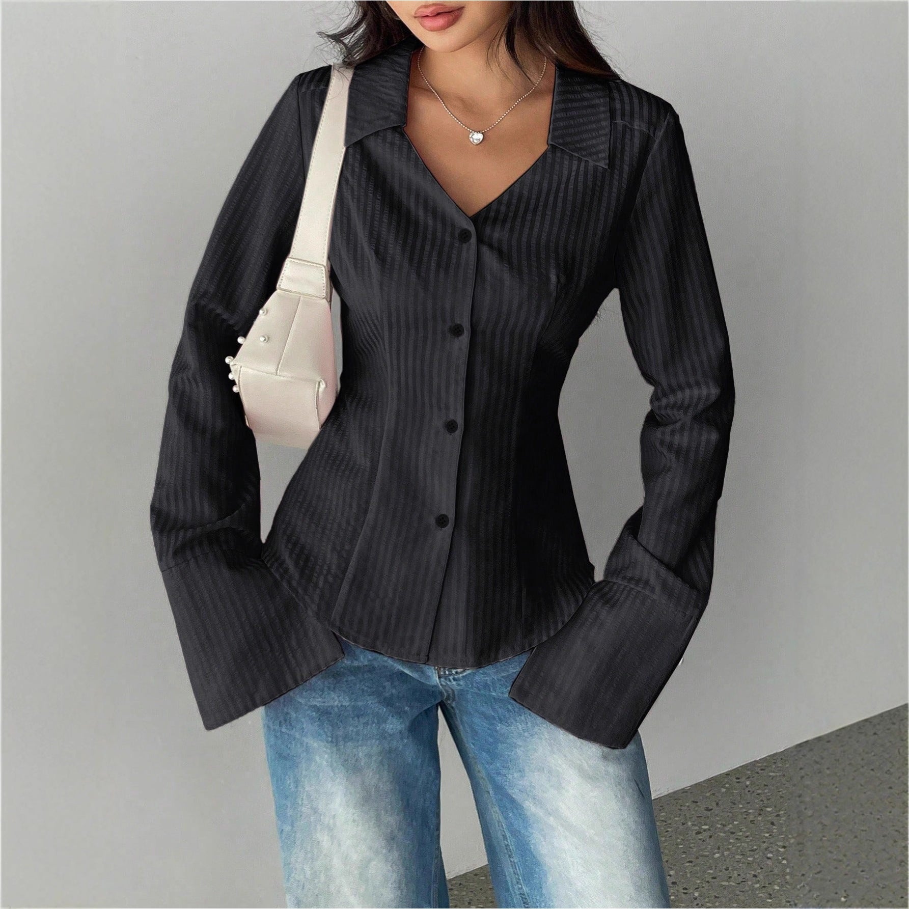 Women's Striped All-matching Casual Bell Sleeve Polo Collar Top