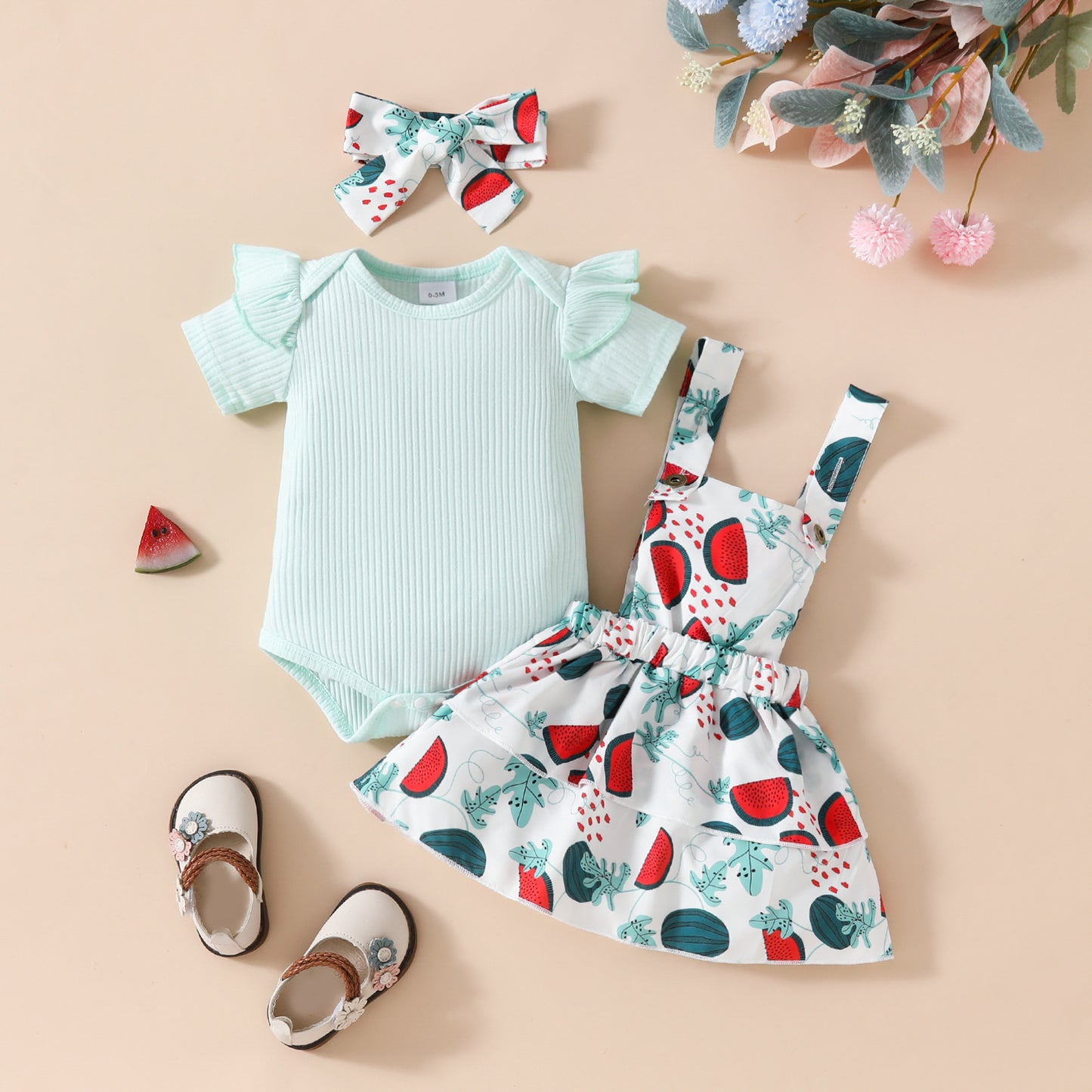 Ensemble jupe-jupe décontractée à manches courtes et bretelles pour bébé fille, motif floral et fruité, été
