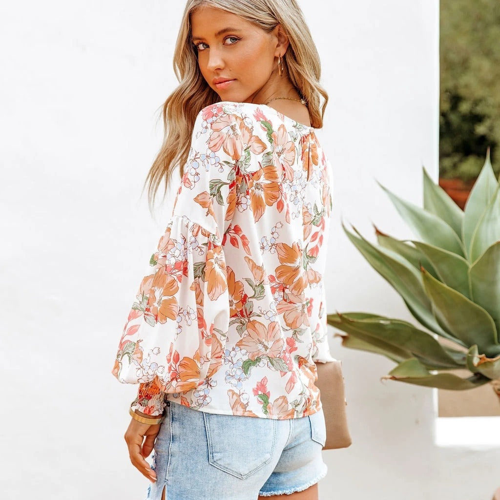 Women's Printed Pleated Puff Sleeve Round Neck Top
