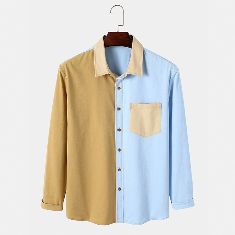 Men's Lapel Cardigan Color Block Long Sleeve Top
