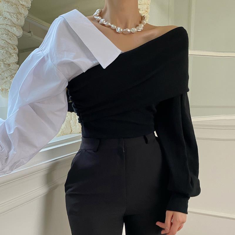 Women's V-neck Strapless Collision Color Bubble Sleeve Top Half Skirt
