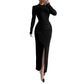 Round-neck Fitted-waist Sheath Dress With A Slit