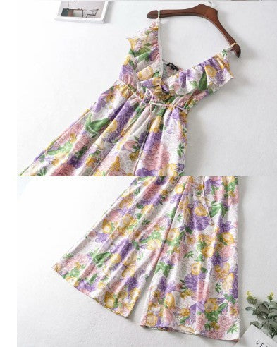 Dream Purple Print suspender Jumpsuit with ruffles
