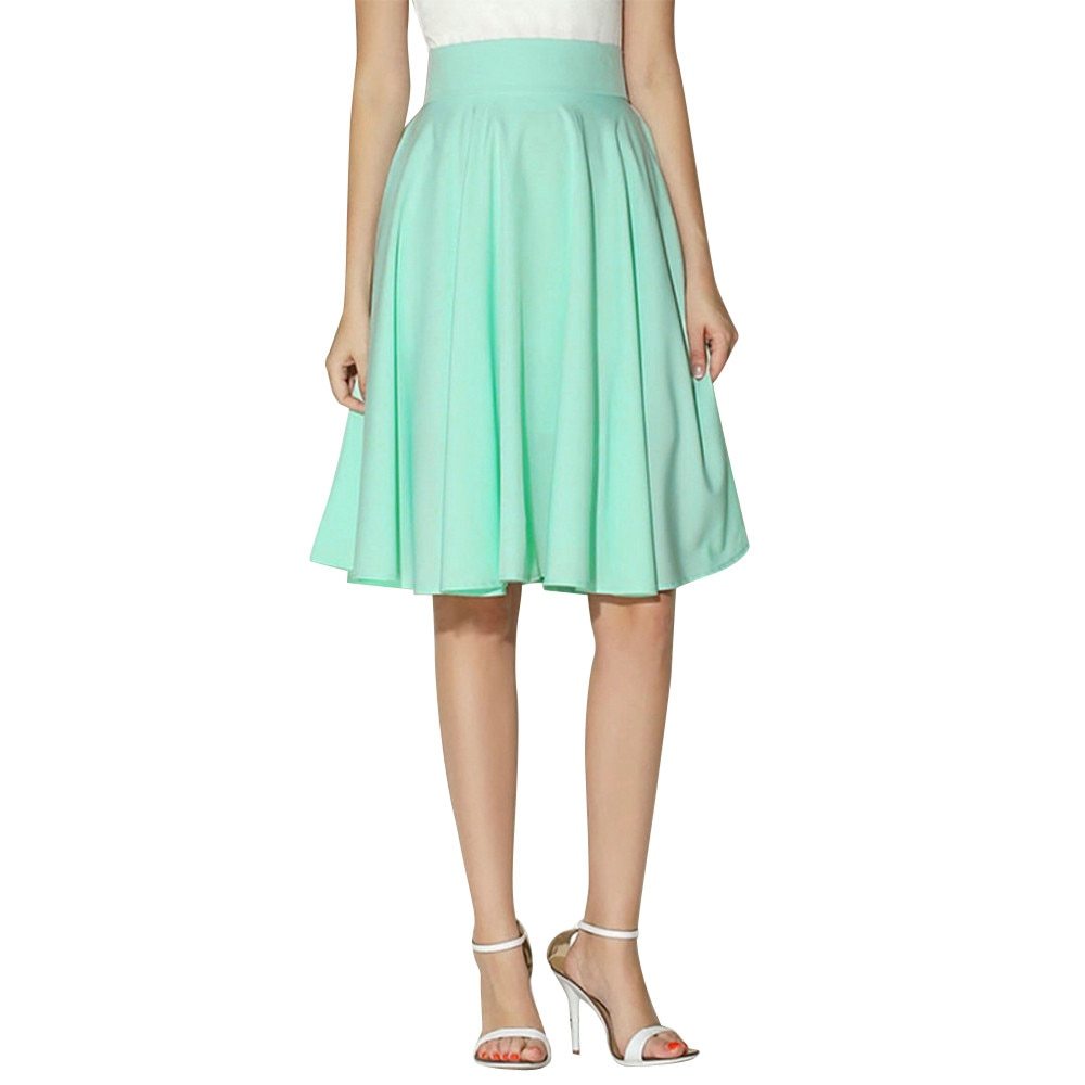 New Arrival Fashion Women Solid Flared Retro Casual Knee Length Pleated Midi Office Work Skirt