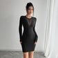 Pure Color Mesh Stitching Chest Design Long Sleeve Slim Fit Dress
