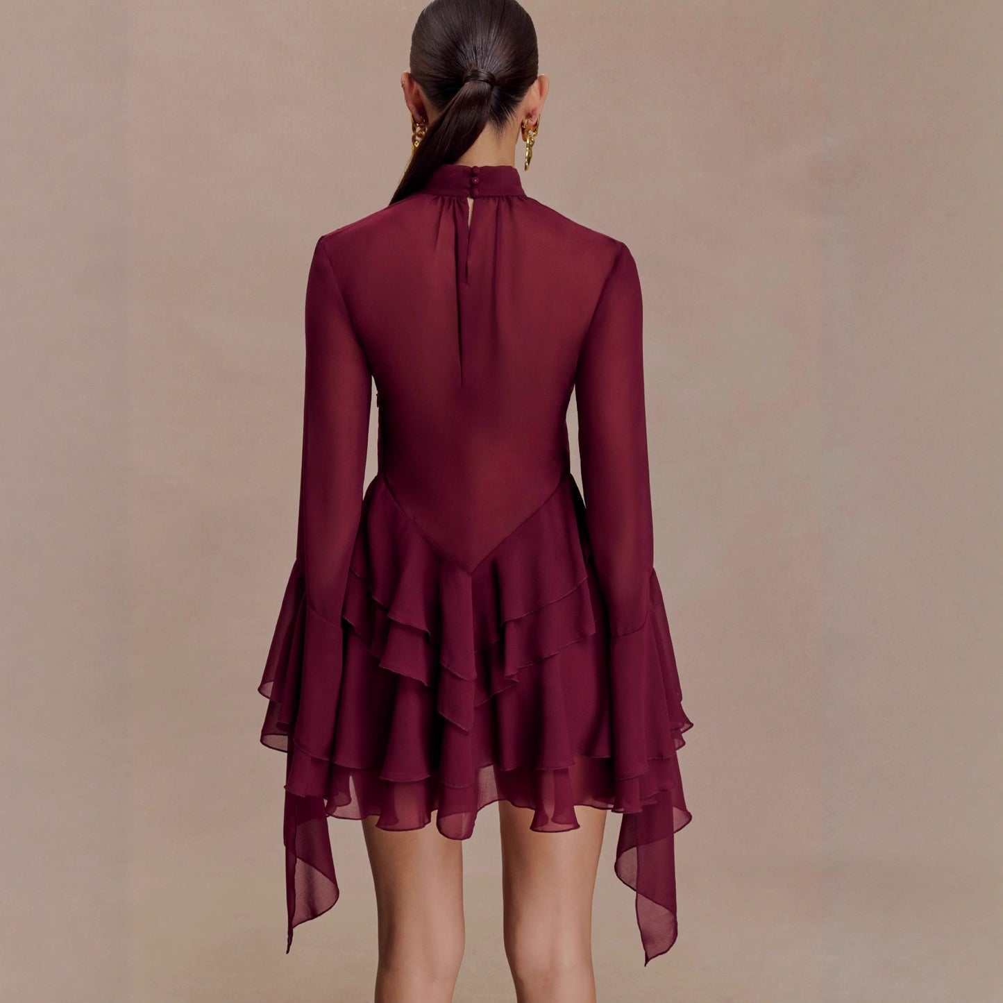 New Elegant Temperament Trumpet Sleeve Chiffon Dress