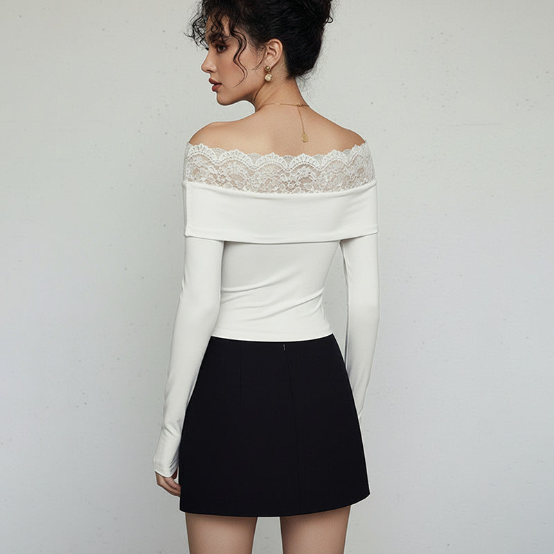 Sexy Lace-embellished Off-shoulder White Long-sleeve Bodycon Jumpsuit