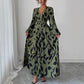 Women's V-neck Long Sleeve High Waist Dress Vacation Style Leaf Print