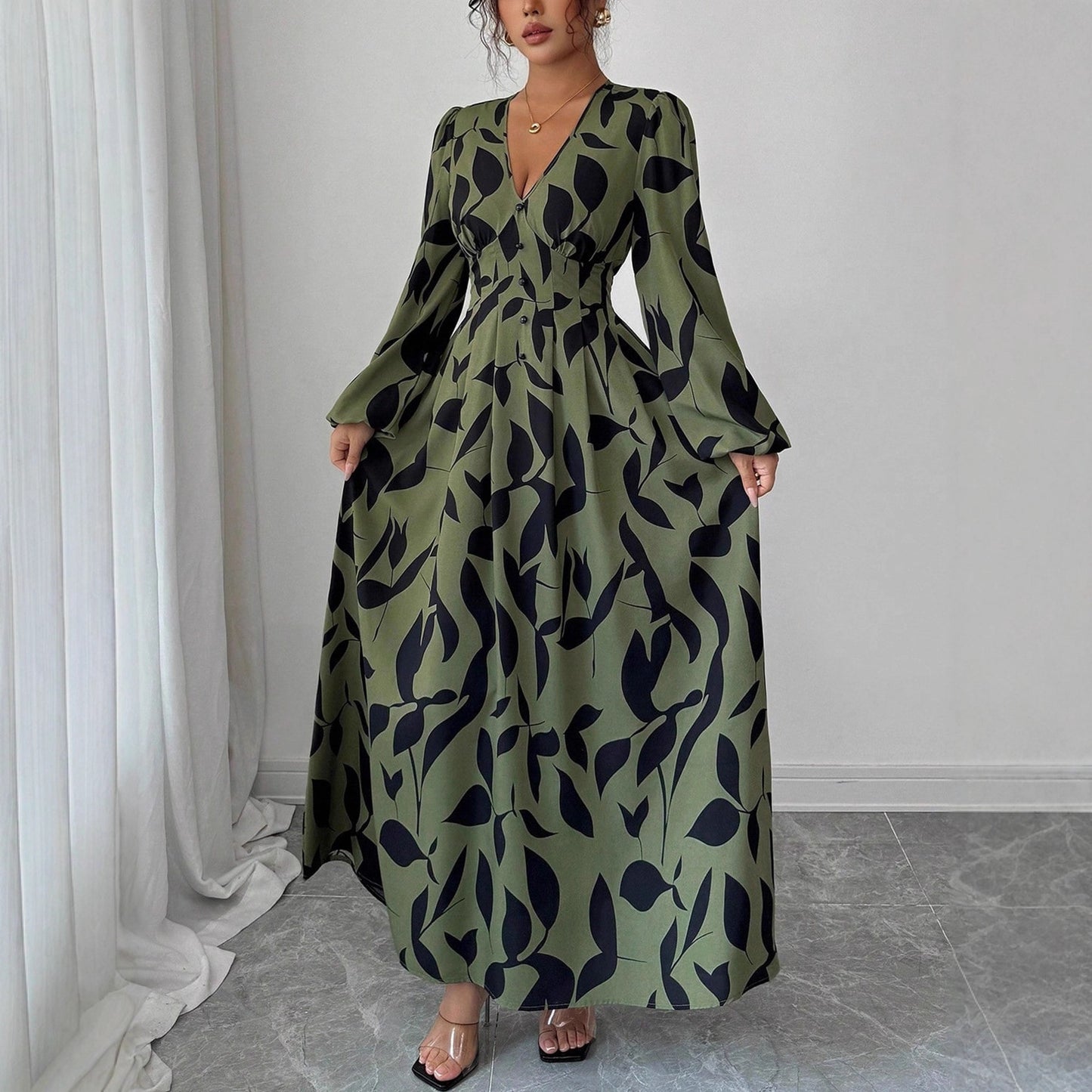 Women's V-neck Long Sleeve High Waist Dress Vacation Style Leaf Print