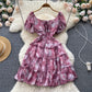 New Summer Light-Luxury Court-Style Oil-Paint French-Print Waist-Cinching Dress