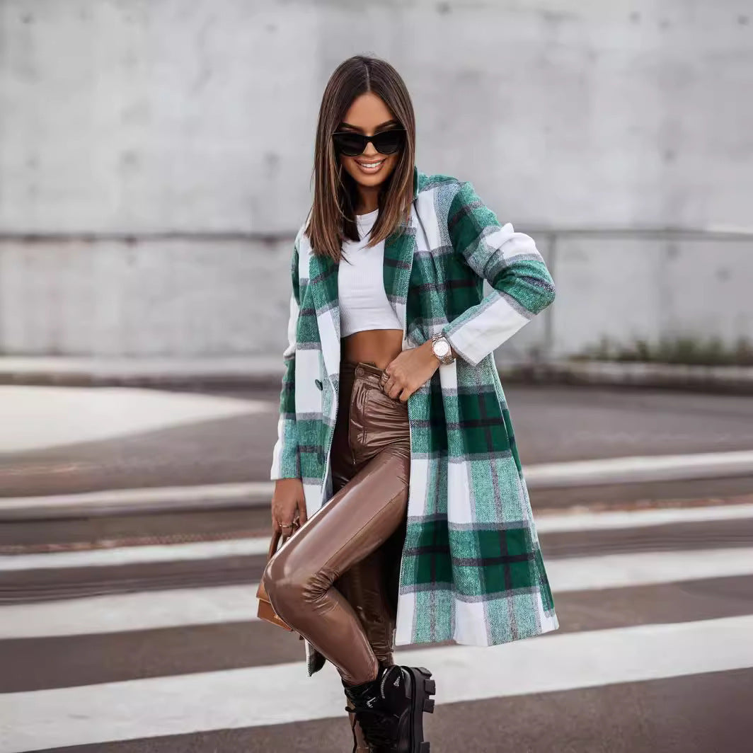 Manteau mi-long en laine brossée à carreaux, tendance automne-hiver européenne et américaine