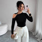 Asymmetric Collar One-side Off-the-shoulder Metal Decorative Slim Top