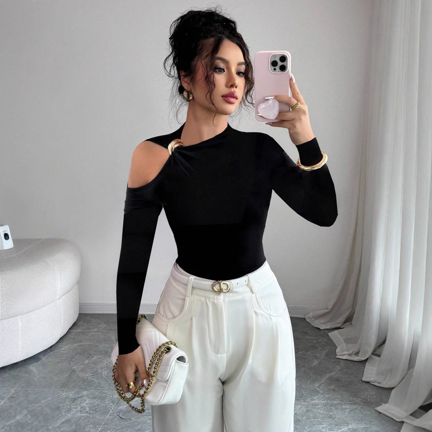 Asymmetric Collar One-side Off-the-shoulder Metal Decorative Slim Top