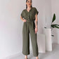 Women's V-neck Single Breasted High Waisted Lace Up Straight Leg Jumpsuit Pants